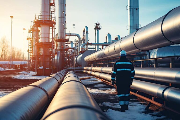 Engineer inspecting an industrial pipeline.