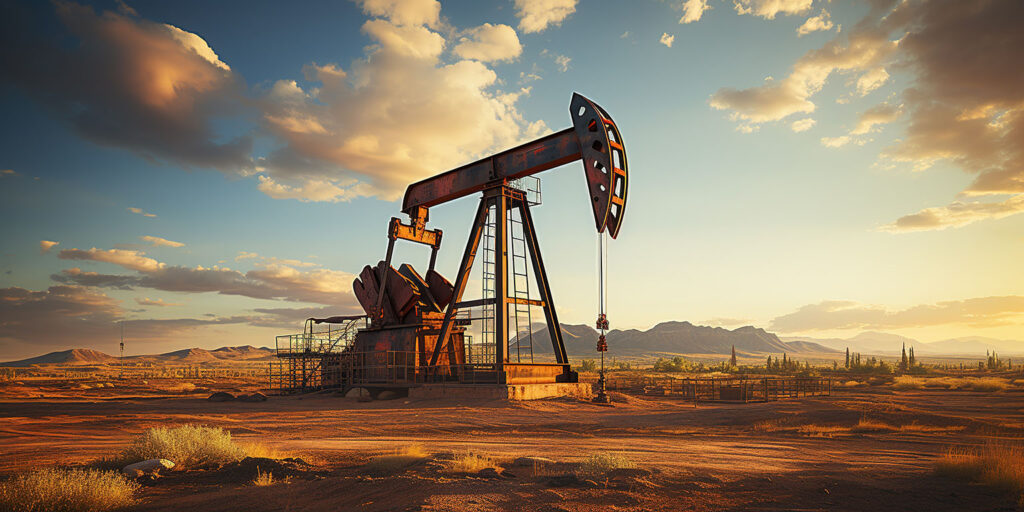 Silhouette of a crude oil pumpjack rig in a desert during a sunset, representing oil rig production and energy extraction.