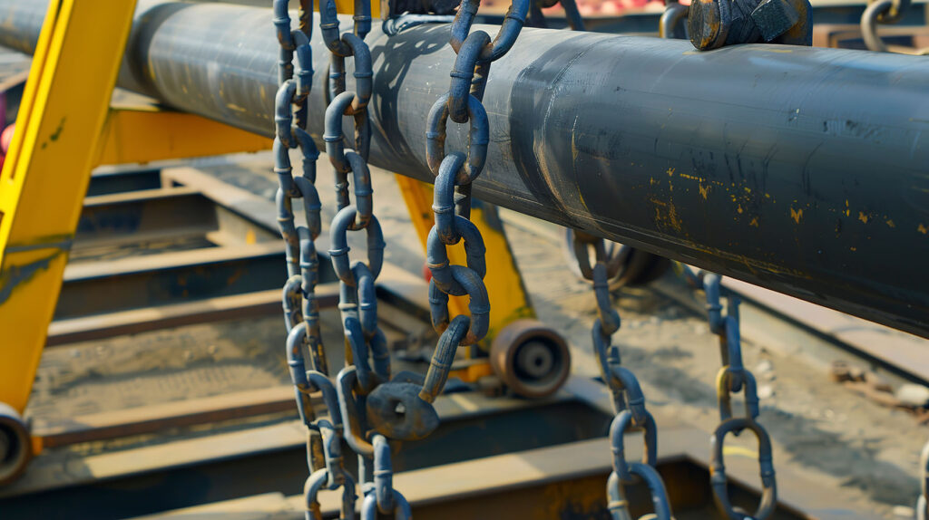 Heavy steel pipes are being loaded, and the use of pipe lifting tools for safe and efficient transport is highlighted.