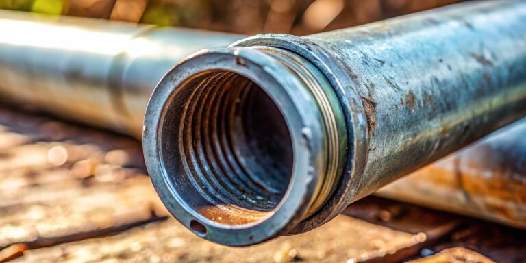 A close up of pipe threadings on a galvanized metal water pipe.