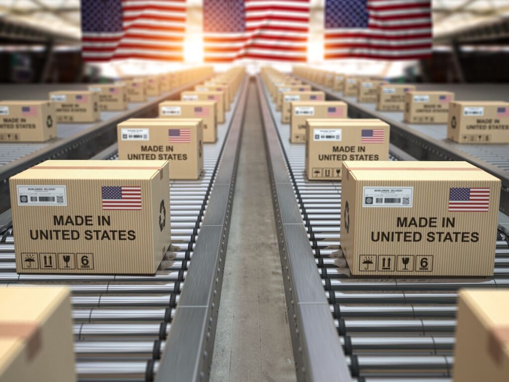 Boxes with Made in USA labels on assembly line