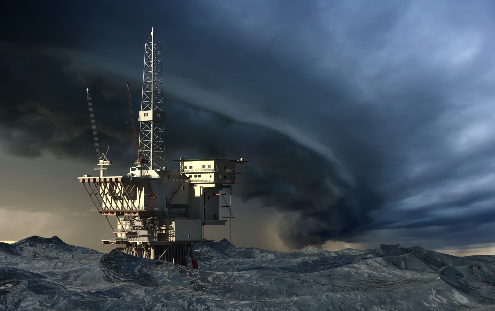 photo of an oil rig in hurricane storm